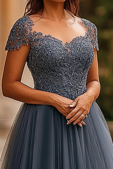 Grey Blue Tulle A Line Cap Sleeves Pleated Long Mother Of Bride Dress